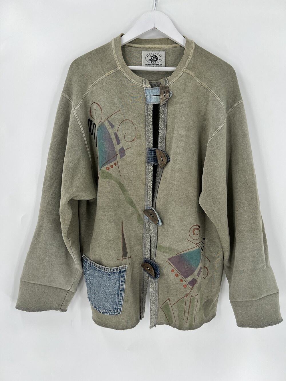 Authentic Pigment Vintage Jacket Womens Large Green Gray Abstract Button Denim